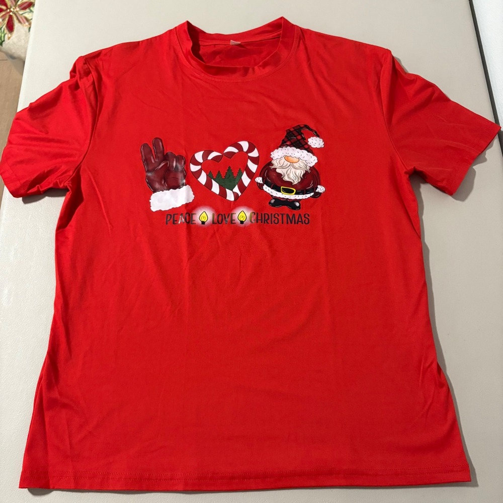 Red Christmas Gnome Peace Love Santa Graphic T Shirt Size M Soft Holidays